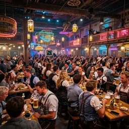 crowded cyberpunk oktoberfest beer hall, beer glasses, lederhosen, neon, detailed, wide angle, realism 8k HDR