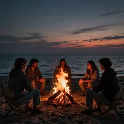 5 people around a bonfire by the beach when the sun is almost set, nikon, dark, inspirational photography, realistic, 8 k, extreme detail