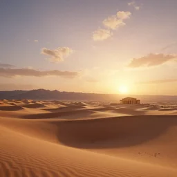 beautiful render of a desert landscape, unreal engine, stunning sunset, majestic dunes, mountains, thin clouds, big temple ruins, soft light, by greg rutkowski, cgsociety