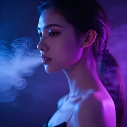 photo of slim girl, 20yo, close-up, high detail, studio,profile pose, bust shot, high detail, studio, high detail, smoke, sharp, neon lights, smoke, sharp, Blue violet light, studio, smoke, sharp, cyberpunk, 85mm Sigma Artneon cross art lens
