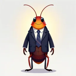 colorful full body shot of a thin anthropomorphic cockroach wearing a suit with a tie, long antennae, backlighting, hyper detail illustration, symmetrical, correct proportions, Pixabay, trending on DeviantArt, trending on Artstation, high quality, 8K HDR, illustration, 2d, vector