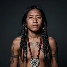 portrait of hopi shaman, 3 0 yo, relaxed expression, tattoos, dark background, studio light, hdr, nikon 2 4 mm f / 1. 8 g, by sebastiao salgado