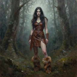 savage woman, clothed in brown leather, fur boots, long hair, unwordly, beautiful, ghostly forest, by steve henderson, oil painted