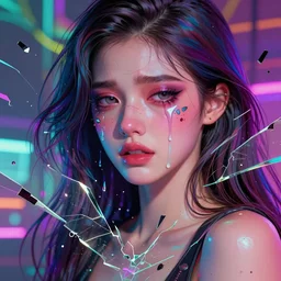 young woman, gorgeous face, vaporwave aesthetic, synthwave, colorful, psychedelic, abused, broken, shattered, beaten, sadness, crying, artstation, concept art, smooth, extremely sharp detail, finely tuned detail, 8 k, ultra sharp focus, illustration, art by artgerm and greg rutkowski and alphonse mucha