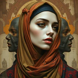 hijab women, eun emerging from renaissance italy into a cyberpunk mutiversal realm by conrad roset, nicola samuri, dino valls, m. w. kaluta, jakub rebelka, rule of thirds, seductive look, beautiful