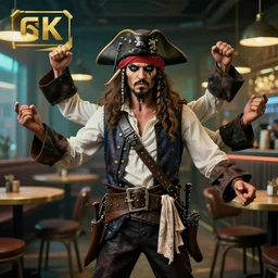 high quality portrait of a pirate with four arms in a cyberpunk cyberpunk cyberpunk cafe, realism, 8k, award winning photo