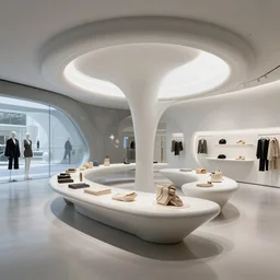 architectural digest, futuristic store interior with display tables