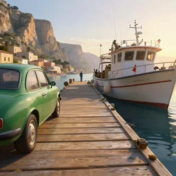 wood dock, green car on dock, big fishing boat next to the dock with waving sailors. low angle, sunrise, a mediterranean phoenician fishing village in the distance, chalk cliffs above, highly detailed, digital painting, artstation, concept art, sharp focus, illustration, art by artgerm and raphael lacoste and magali villeneuve