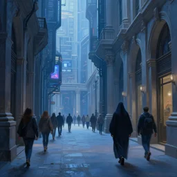 hyperrealistic and beautiful painting of an alley way within a grand city, wanderers traveling from afar, a shrouded figure walking, classical architecture, technological lights, screens, cyberpunk style, 8 k resolution, by hugh ferris and john smith, polished, fine detail, intricate, blue color scheme, cyberpunk style, smooth, octane, concept art, trending on artstation