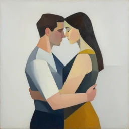 geometric painting, couple embracing