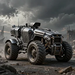 ultra realist 3d soft paint of a single gothic four wheel vehicle fully armored, Mad Max and Fallout, symmetry accurate features, very intricate details, ominous sky, volumetric light clouds, post apocalyptic background