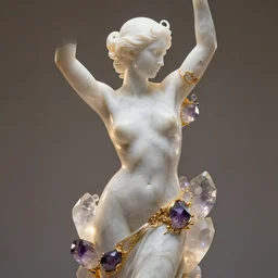 abstract female sculpture made of white marble and amethyst crystals quartz, ethereal lights, fine details, artstation, film still, rim light, cinematic photoshooting, luxury, golden filigree, octane render, hypperrealistic painting