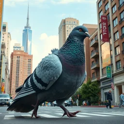 photograph of gigantic pigeon the size of godzilla walking through a city