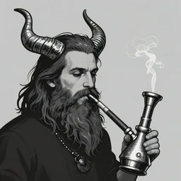 illustration of a man with horns and a long beard smoking from a bong, he is on the left of the image, grey, monochrome, album art, metal