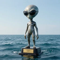 a long shot of a giant award winning sculpture of an alien wearing futuristic sunglasses on the surface of the ocean, blending with the water, in the style of chad knight, hyper detailed, hyper realistic, ray tracing, 8 k resolution, sharp focus