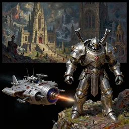 trailcam footage grotesque horrific stylistic vray 3 d render of sidescrolling shooter robotech warhammer, silver ornate armor warrior, macross spaceship with lots of tiny guns, mountains and giant gothic abbeys, hyperrealism, fine detail, 8 k, artsation contest winner, cgsociety, fantasy art, cryengine, brush strokes, oil, canvas, gaudy colors on black background by mandy jurgens and michael whelan