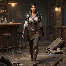 character portrait of a female lavellan from dragon age walking through a destroyed dive bar wearing inquisitor clothes, with a realistically proportioned face, realistically rendered face, enhanced face, 3 d model, 3 d, headsculpt, illustration, digital painting, realistic lighting, photorealistic eyes, good value control, realistic shading, substance painter