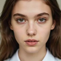 “ attractive beautiful brown hair young model close up wearing shirt, soft, cute, 1 9 6 0 ’ s fashion, 1 5 0 mm f 2. 8, extreme close up face shot, hasselblad, photo by brian ingram, david lazar, lisa kristine, steve mccurry, high quality, symmetrical face, clear skin, 4 k, dramatic lighting ”