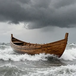 massive ancient wooden curved hulled boat on huge stormy turbulent waves seas dark clouds and rain, limited neutral palette, by pascal campion, petros afshar, anton fadeev, dean ellis, randolph stanley hewton, beautiful graphic, propaganda poster art 1 9 7 0 s illustrated advertising art, painterly design