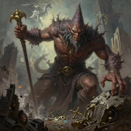a highly detailed oil painting of a giant eldritch brown skin wizard king crushing a ruined fantasy city, by artgerm, by wlop, by greg rutkowski, volumetric lighting, octane render, 4 k resolution, trending on artstation, masterpiece