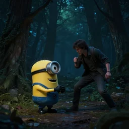 a guy killing a minion, forest, dark, mid night