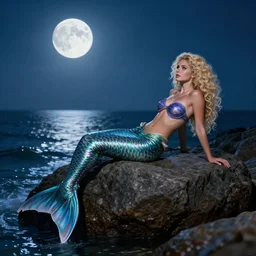 masterpiece portrait of a beautiful mermaid with curly blonde hair reclining on a rock on the edge of the sea in the moonlight, 8k