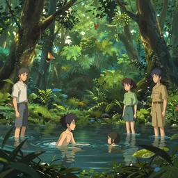 ( ( ( gediminas pranckevicius ) ) ) pond in a jungle, artwork by rhads, makoto shinkai and lois van baarle, ilya kuvshinov, rossdraws, envato render, global illumination