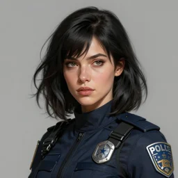 Portrait of a woman by Greg Rutkowski, she is about 30 years old, black wavy hair with bangs, her features are a mix between French, Turkish and Russian, younger sister vibes, she is wearing a futuristic police gear, highly detailed portrait, digital painting, artstation, concept art, smooth, sharp foccus ilustration, Artstation HQ.