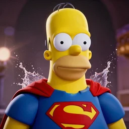 portrait of homer simpson as superman in gears of war, splash art, movie still, detailed face, photorealistic facial features, cinematic lighting, dramatic, octane render, long lens, shallow depth of field, bokeh, anamorphic lens flare, 8 k, hyper detailed, 3 5 mm film grain