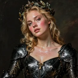 gleaming, blushing, sweating, rugged sultry thick saoirse ronan, blonde hair, wearing black armour, posing seductive, looking seductively, ornate wreath, gleaming, blushing, sweating, oil painting by titian, hard focus, portrait