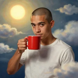 portrait of a ( ( ( una taza de cafe grande y rojo ) ) ), ( ( guapo joven caliente colombiano mulato pelo shaved ) ), nubes y magia, el sol, concept character, by greg rutowski and tezuka and oi and mucha and bierstadt and remington, trending on artstation