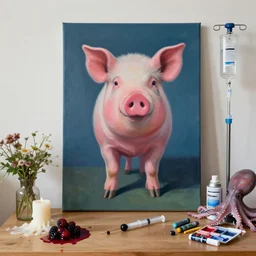 “ a portrait in a female art student ’ s apartment, a pig theme, syringe, anaesthesia, art supplies, surgical iv drip, octopus, ikebana, herbs, a candle dripping white wax, squashed berries, berry juice drips, acrylic and spray paint and oilstick on canvas, surrealism, neoexpressionism ”
