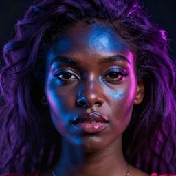 hyperrealistic intricate close-up of beautiful african woman with purple hair and pearlescent blue skin hannah yata machiej kuciara dramatic neon lighting on one side