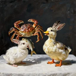 still life painting of a crab fish dancing with a laughing duck rabbit on a white table, high contrast lighting, impressionism, real fur, real feather