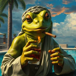 portrait of pepe the frog wearing saudi qamis drinking whiskey by the pool and lighting a cigar, 1 7 th century, digital art, wet - on - wet technique, realistic, expressive emotions, intricate textures, illusionistic detail, peter mohrbacher, epic, artstation, vivid sky, junji ito, detailed hands, detailed faces,