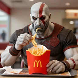 kratos eating a happy meal from mcdonalds