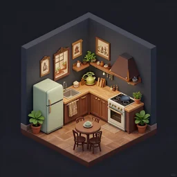 dark isometric indoor vintage kitchen with appliances in a cubic room with victorian pictures on walls and potted plants