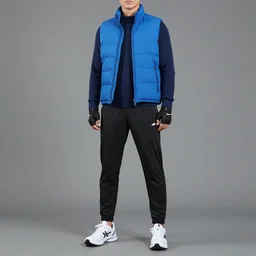 a concept art of a man wearing a blue vest, navy blue sweater, black sports pants, fingerless gloves, and white running shoes