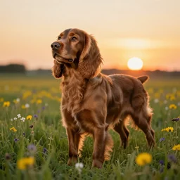 Brown cocker spaniel in a field full of flowers, with sunset, well detailed, photo realistic