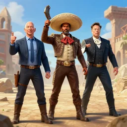 Jeff Bezos, Elon Musk and sigmar locked in a mexican standoff, warhammer, Wlop, Artstation trending, 4k