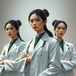 a poster of 3 elegant chinese doctors in white coats, cinematic, highly detailed, digital painting, artstation, concept art, matte, sharp focus, illustration, art by artgerm and greg rutkowski