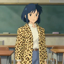 girl with blue hair wearing a jaguar coat, school class, still from studio ghibili