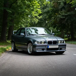 A BMW e36 parked in a road with trees, summer season, Epic photography, taken with a Canon DSLR camera, 50 mm, depth of field