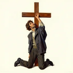 beautiful graphic full body portrait, petros afshar, cuno amiet, man on his knees under a cross, 1 9 7 0 s advertising art, painterly character design, petros afshar will barnet