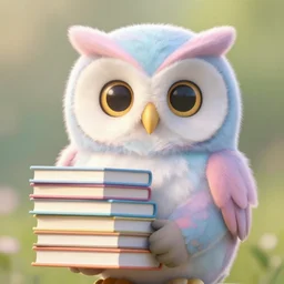 a cute pastel owl holding a stack of books, realistic portrait