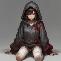 a highly detailed illustration of short hair cute japanese girl wearing blood stained hoodie and bandages on legs, dramatic sadistic smile pose, intricate, elegant, highly detailed, centered, digital painting, artstation, concept art, smooth, sharp focus, league of legends concept art, WLOP