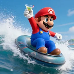 action shot from a live action movie still of mario tube riding a wave and holding a martini in one hand, highly detailed, professional high quality 4 k render tight action shot heart pounding dramatic lighting