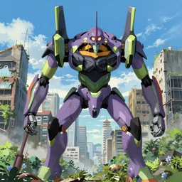 A giant robot in city ruins overtaken by vegetation in anime style highly detailed by Makoto Shinkai and Raphael Lacoste