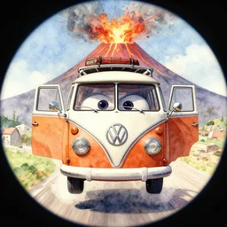 fisheye perspective caricature watercolor painting of a vw volkswagen bulli, type - 2, microbus, kombi from pixars cars with eyes instead of a windshield flying towards the camera, jumping at the viewer doors fully open, luggage in the air, dynamic action shot, fish eye lense, frontal, dramatically erupting vulcano is seen in the background