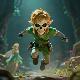 skull kid from majoras mask floating in the air while looking at the viewer maniacally, legend of zelda fairy in the background, dramatic lighting, cinematic, film, dynamic pose,  movie scene